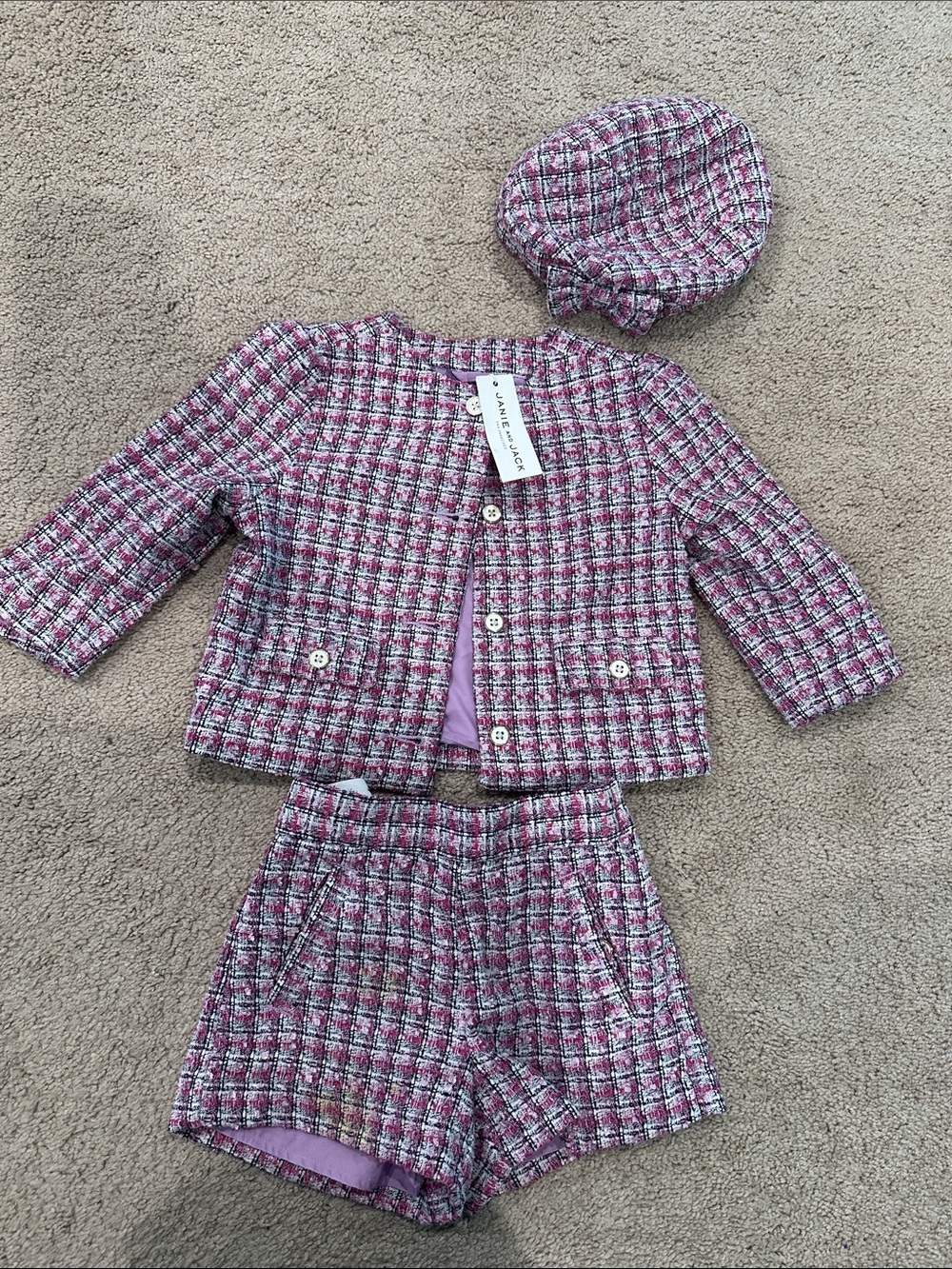 Janie and Jack Pink Plaid Tweed 3-Piece Matching Set (Jacket, Shorts, Hat)